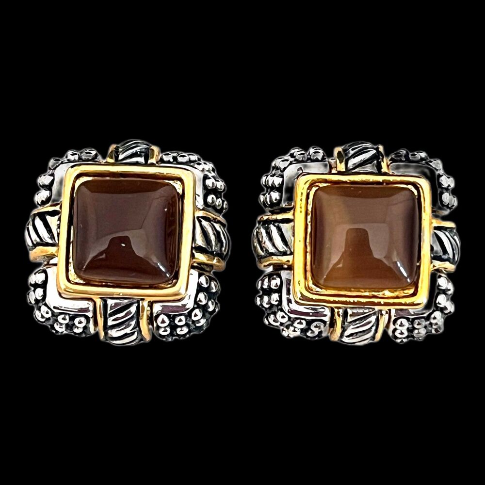 Vintage 1980s Moonglow Cabochon Earrings Two Tone Silver Gold Tone - 6G